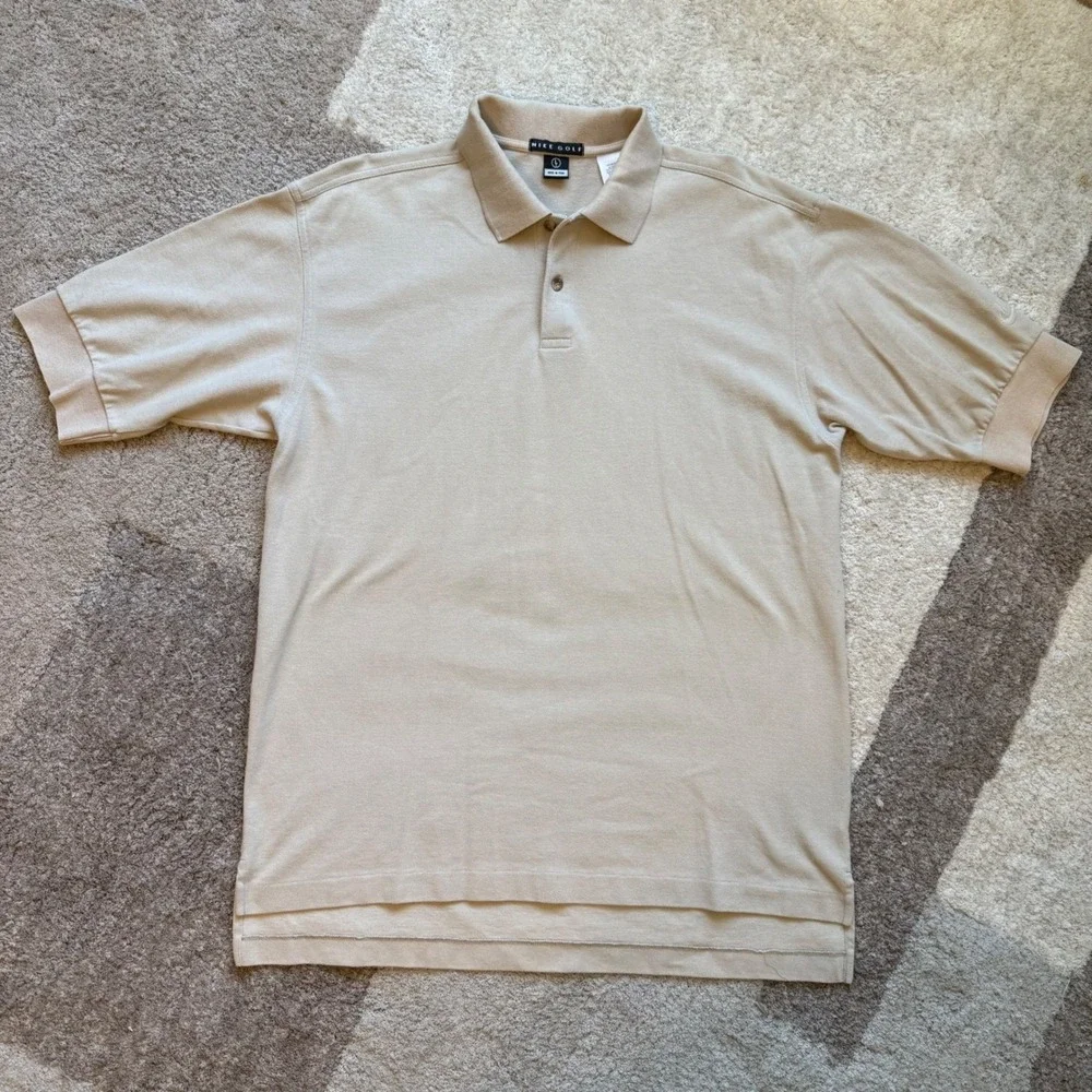 Nike Golf Mens Tan Beige Cotton Pique Short Sleeve Polo Shirt Large L Logo